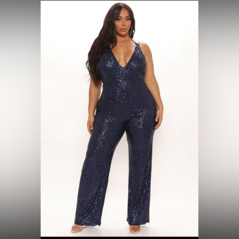 Fashion Nova Navy Blue Sequin Jumpsuit